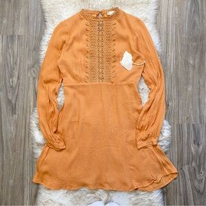 NWT Altar’d State Orange Midi Lace Crochet Long Sleeve Dress